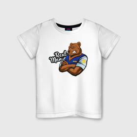 Детская футболка хлопок с принтом Крутой медведь mr.Bear. в Белгороде, 100% хлопок | круглый вырез горловины, полуприлегающий силуэт, длина до линии бедер | 23 февраля | bear | real man | военный | дерзкий | клыки | крутой | медведь | милиция | мишка | мужик | мускулы | опасный | парень | прикольный | реальный | русский | сильный