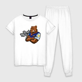Женская пижама хлопок с принтом Крутой медведь mr Bear в Белгороде, 100% хлопок | брюки и футболка прямого кроя, без карманов, на брюках мягкая резинка на поясе и по низу штанин | 23 февраля | bear | real man | военный | дерзкий | клыки | крутой | медведь | милиция | мишка | мужик | мускулы | опасный | парень | прикольный | реальный | русский | сильный