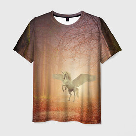 Мужская футболка 3D с принтом Единорог в Белгороде, 100% полиэфир | прямой крой, круглый вырез горловины, длина до линии бедер | единорог | единороги | животное | животные | кони | конь | крылья | крыльями | лес | лесной | лесные | лошади | лошадь | осенний | осень | пигас | пигасы