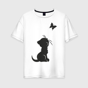 Женская футболка хлопок Oversize с принтом Котенок и бабочка в Белгороде, 100% хлопок | свободный крой, круглый ворот, спущенный рукав, длина до линии бедер
 | Тематика изображения на принте: бабочка | животные | кот | котенок | милый