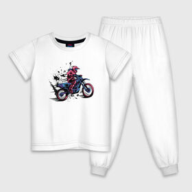 Детская пижама хлопок с принтом Мотокросс в Белгороде, 100% хлопок |  брюки и футболка прямого кроя, без карманов, на брюках мягкая резинка на поясе и по низу штанин
 | moto | motocross | motorcycle | мото | мотокросс | мотоцикл | мотоциклист | мотоциклисты | мотоциклы | неон | череп | шлем