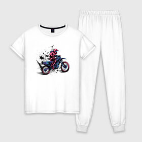Женская пижама хлопок с принтом Мотокросс в Белгороде, 100% хлопок | брюки и футболка прямого кроя, без карманов, на брюках мягкая резинка на поясе и по низу штанин | moto | motocross | motorcycle | мото | мотокросс | мотоцикл | мотоциклист | мотоциклисты | мотоциклы | неон | череп | шлем