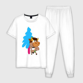 Мужская пижама хлопок с принтом Бык-стриптизер на елке 18+ в Белгороде, 100% хлопок | брюки и футболка прямого кроя, без карманов, на брюках мягкая резинка на поясе и по низу штанин
 | 
