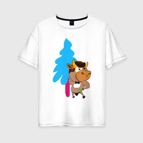 Женская футболка хлопок Oversize с принтом Бык-стриптизер на елке 18+ в Белгороде, 100% хлопок | свободный крой, круглый ворот, спущенный рукав, длина до линии бедер
 | 