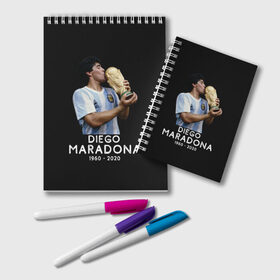 Блокнот с принтом Diego Maradona в Белгороде, 100% бумага | 48 листов, плотность листов — 60 г/м2, плотность картонной обложки — 250 г/м2. Листы скреплены удобной пружинной спиралью. Цвет линий — светло-серый
 | Тематика изображения на принте: 10 | 1960 | 2020 | argentina | barcelona | diego | football | legend | leo | lionel | maradona | messi | retro | rip | soccer | аргентина | барселона | бога | диего | легенда | лионель | марадона | месси | мяч | ретро | рука | форма | футбол