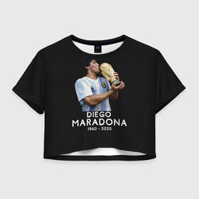 Женская футболка Crop-top 3D с принтом Diego Maradona в Белгороде, 100% полиэстер | круглая горловина, длина футболки до линии талии, рукава с отворотами | 10 | 1960 | 2020 | argentina | barcelona | diego | football | legend | leo | lionel | maradona | messi | retro | rip | soccer | аргентина | барселона | бога | диего | легенда | лионель | марадона | месси | мяч | ретро | рука | форма | футбол