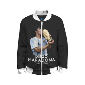 Детский бомбер 3D с принтом Diego Maradona в Белгороде, 100% полиэстер | застегивается на молнию, по бокам два кармана без застежек, мягкие манжеты, по низу бомбера и на воротнике — эластичная резинка | Тематика изображения на принте: 10 | 1960 | 2020 | argentina | barcelona | diego | football | legend | leo | lionel | maradona | messi | retro | rip | soccer | аргентина | барселона | бога | диего | легенда | лионель | марадона | месси | мяч | ретро | рука | форма | футбол