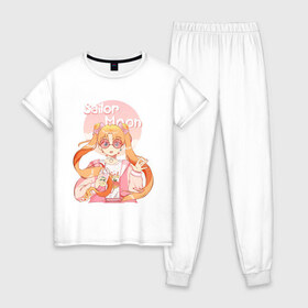 Женская пижама хлопок с принтом Sailor Moon Coffee в Белгороде, 100% хлопок | брюки и футболка прямого кроя, без карманов, на брюках мягкая резинка на поясе и по низу штанин | anime | animegirl | cute | kavai | kavaii | madara | manga | sailor | sailorchibimoon | sailorjupiter | sailormars | sailormercury | sailormoon | sailormooncrystal | sailorvenus | usagi | usagitsukino | аниме | анимесейлормун | каваи | сейлормун