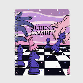 Тетрадь с принтом The Queens Gambit в Белгороде, 100% бумага | 48 листов, плотность листов — 60 г/м2, плотность картонной обложки — 250 г/м2. Листы скреплены сбоку удобной пружинной спиралью. Уголки страниц и обложки скругленные. Цвет линий — светло-серый
 | Тематика изображения на принте: beth harmon | chess | queens gambit | the queens gambit | аня тейлор джой | бет хармон | нетфликс | ход королевы | шахматы