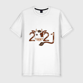 Мужская футболка хлопок Slim с принтом Бык 2021 в Белгороде, 92% хлопок, 8% лайкра | приталенный силуэт, круглый вырез ворота, длина до линии бедра, короткий рукав | Тематика изображения на принте: 2021 | бык | год быка | гороскоп | дата | животное | китайский | новый год | праздничный | символ