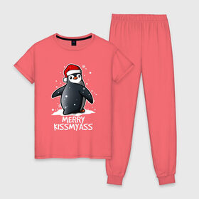 Женская пижама хлопок с принтом MERRY KISSMYASS в Белгороде, 100% хлопок | брюки и футболка прямого кроя, без карманов, на брюках мягкая резинка на поясе и по низу штанин | 