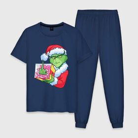 Мужская пижама хлопок с принтом Новый год. Гринч в Белгороде, 100% хлопок | брюки и футболка прямого кроя, без карманов, на брюках мягкая резинка на поясе и по низу штанин
 | Тематика изображения на принте: 2021 | гринч | новый год | подарок | рождество