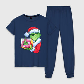 Женская пижама хлопок с принтом Новый год. Гринч в Белгороде, 100% хлопок | брюки и футболка прямого кроя, без карманов, на брюках мягкая резинка на поясе и по низу штанин | 2021 | гринч | новый год | подарок | рождество