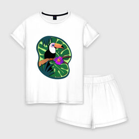Женская пижама с шортиками хлопок с принтом Тукан в Белгороде, 100% хлопок | футболка прямого кроя, шорты свободные с широкой мягкой резинкой | лето | пальмы | природа | птицы | растения | тропики | тукан | цветы