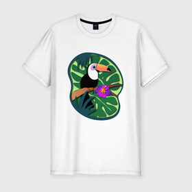 Мужская футболка хлопок Slim с принтом Тукан в Белгороде, 92% хлопок, 8% лайкра | приталенный силуэт, круглый вырез ворота, длина до линии бедра, короткий рукав | лето | пальмы | природа | птицы | растения | тропики | тукан | цветы