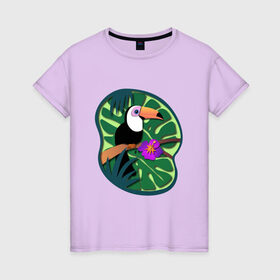Женская футболка хлопок с принтом Тукан в Белгороде, 100% хлопок | прямой крой, круглый вырез горловины, длина до линии бедер, слегка спущенное плечо | лето | пальмы | природа | птицы | растения | тропики | тукан | цветы