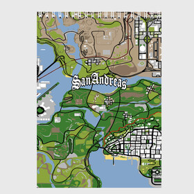 Скетчбук с принтом GTA San Andreas map в Белгороде, 100% бумага
 | 48 листов, плотность листов — 100 г/м2, плотность картонной обложки — 250 г/м2. Листы скреплены сверху удобной пружинной спиралью | game | grand theft auto | gta san andreas | гта сан андреас | игра | карта | самп