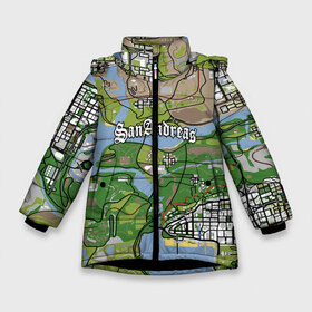 Зимняя куртка для девочек 3D с принтом GTA San Andreas map в Белгороде, ткань верха — 100% полиэстер; подклад — 100% полиэстер, утеплитель — 100% полиэстер. | длина ниже бедра, удлиненная спинка, воротник стойка и отстегивающийся капюшон. Есть боковые карманы с листочкой на кнопках, утяжки по низу изделия и внутренний карман на молнии. 

Предусмотрены светоотражающий принт на спинке, радужный светоотражающий элемент на пуллере молнии и на резинке для утяжки. | game | grand theft auto | gta san andreas | гта сан андреас | игра | карта | самп