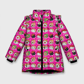 Зимняя куртка для девочек 3D с принтом Суши и роллы в Белгороде, ткань верха — 100% полиэстер; подклад — 100% полиэстер, утеплитель — 100% полиэстер. | длина ниже бедра, удлиненная спинка, воротник стойка и отстегивающийся капюшон. Есть боковые карманы с листочкой на кнопках, утяжки по низу изделия и внутренний карман на молнии. 

Предусмотрены светоотражающий принт на спинке, радужный светоотражающий элемент на пуллере молнии и на резинке для утяжки. | china | chinese sticks | food | japan | rolls | sushi | еда | икра | китай | китайские палочки | красная | рис | роллы | рыба | суши | суши вок | сырая рыба | форель | япония | японская кухня