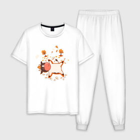 Мужская пижама хлопок с принтом Счастливый бычок в листьях в Белгороде, 100% хлопок | брюки и футболка прямого кроя, без карманов, на брюках мягкая резинка на поясе и по низу штанин
 | 