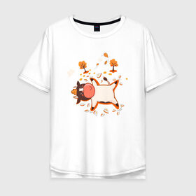 Мужская футболка хлопок Oversize с принтом Счастливый бычок в листьях в Белгороде, 100% хлопок | свободный крой, круглый ворот, “спинка” длиннее передней части | Тематика изображения на принте: 
