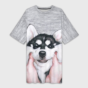 Платье-футболка 3D с принтом Хаски в Белгороде,  |  | гладить собаку | животные | пёс | пёсики | серый фон | сибирский хаски | собаки | хаски