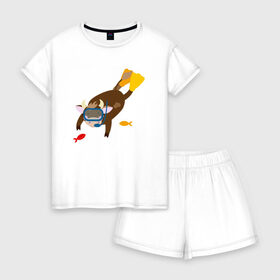 Женская пижама с шортиками хлопок с принтом Плавающий бык в Белгороде, 100% хлопок | футболка прямого кроя, шорты свободные с широкой мягкой резинкой | Тематика изображения на принте: 