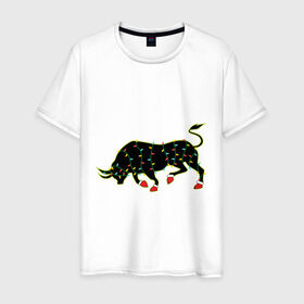 Мужская футболка хлопок с принтом Bull silhouette and garland в Белгороде, 100% хлопок | прямой крой, круглый вырез горловины, длина до линии бедер, слегка спущенное плечо. | 