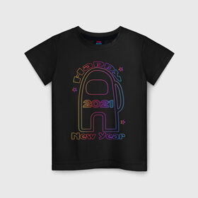 Детская футболка хлопок с принтом Among Us 2021 Neon | Новый год в Белгороде, 100% хлопок | круглый вырез горловины, полуприлегающий силуэт, длина до линии бедер | 