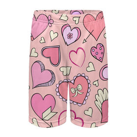 Детские спортивные шорты 3D с принтом Розовые сердечки в Белгороде,  100% полиэстер
 | пояс оформлен широкой мягкой резинкой, ткань тянется
 | для девочек | любимой | любовь | розовое | романтика | сердечки | сердечко | сердце
