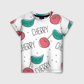 Детская футболка 3D с принтом Вишенки Cherry в Белгороде, 100% гипоаллергенный полиэфир | прямой крой, круглый вырез горловины, длина до линии бедер, чуть спущенное плечо, ткань немного тянется | Тематика изображения на принте: cherry | белый | вишня | красный | лето | надпись | сад | черенок | черешня | ягода