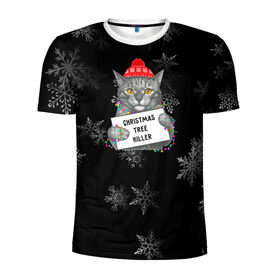 Мужская футболка 3D спортивная с принтом Новогодний кот в Белгороде, 100% полиэстер с улучшенными характеристиками | приталенный силуэт, круглая горловина, широкие плечи, сужается к линии бедра | Тематика изображения на принте: 