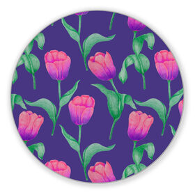 Коврик для мышки круглый с принтом Тюльпаны на фиолетовом фоне в Белгороде, резина и полиэстер | круглая форма, изображение наносится на всю лицевую часть | зеленый | листья | любовь | паттерн | праздник | природа | растения | розовый | романтика | тюльпаны | узор | фиолетовый | цветы