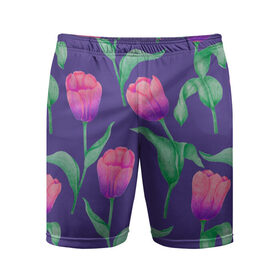 Мужские шорты спортивные с принтом Тюльпаны на фиолетовом фоне в Белгороде,  |  | зеленый | листья | любовь | паттерн | праздник | природа | растения | розовый | романтика | тюльпаны | узор | фиолетовый | цветы