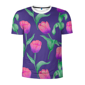 Мужская футболка 3D спортивная с принтом Тюльпаны на фиолетовом фоне в Белгороде, 100% полиэстер с улучшенными характеристиками | приталенный силуэт, круглая горловина, широкие плечи, сужается к линии бедра | Тематика изображения на принте: зеленый | листья | любовь | паттерн | праздник | природа | растения | розовый | романтика | тюльпаны | узор | фиолетовый | цветы
