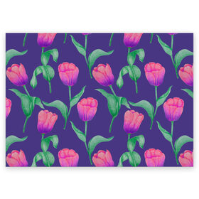 Поздравительная открытка с принтом Тюльпаны на фиолетовом фоне в Белгороде, 100% бумага | плотность бумаги 280 г/м2, матовая, на обратной стороне линовка и место для марки
 | зеленый | листья | любовь | паттерн | праздник | природа | растения | розовый | романтика | тюльпаны | узор | фиолетовый | цветы