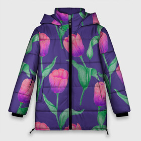 Женская зимняя куртка 3D с принтом Тюльпаны на фиолетовом фоне в Белгороде, верх — 100% полиэстер; подкладка — 100% полиэстер; утеплитель — 100% полиэстер | длина ниже бедра, силуэт Оверсайз. Есть воротник-стойка, отстегивающийся капюшон и ветрозащитная планка. 

Боковые карманы с листочкой на кнопках и внутренний карман на молнии | зеленый | листья | любовь | паттерн | праздник | природа | растения | розовый | романтика | тюльпаны | узор | фиолетовый | цветы