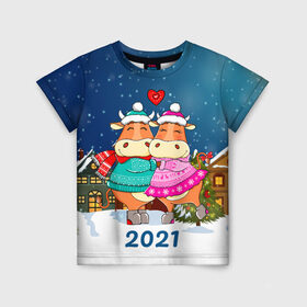 Детская футболка 3D с принтом Влюбленные бык и корова 2021 в Белгороде, 100% гипоаллергенный полиэфир | прямой крой, круглый вырез горловины, длина до линии бедер, чуть спущенное плечо, ткань немного тянется | 2021 | 7 января | bull | newyear | santa | бык | быки | бычок | год быка | дед мороз | корова | новогодние каникулы | новогодние праздники | новый 2021 | новый год | новый год 2021 | рождество | сани | санта | санта клаус