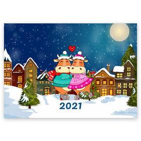Поздравительная открытка с принтом Влюбленные бык и корова 2021 в Белгороде, 100% бумага | плотность бумаги 280 г/м2, матовая, на обратной стороне линовка и место для марки
 | 2021 | 7 января | bull | newyear | santa | бык | быки | бычок | год быка | дед мороз | корова | новогодние каникулы | новогодние праздники | новый 2021 | новый год | новый год 2021 | рождество | сани | санта | санта клаус