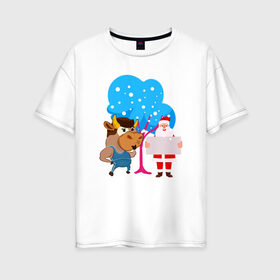 Женская футболка хлопок Oversize с принтом Санта и бык Новый год 2021 в Белгороде, 100% хлопок | свободный крой, круглый ворот, спущенный рукав, длина до линии бедер
 | 