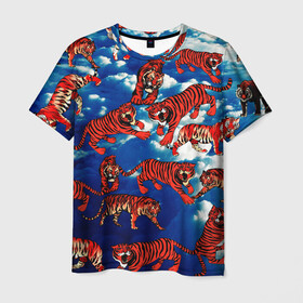 Мужская футболка 3D с принтом Тигры В Облаках в Белгороде, 100% полиэфир | прямой крой, круглый вырез горловины, длина до линии бедер | белый | животные | звери | кот | кошки | красный | небо | облака | полосатый | природа | рычит | синий | тигры | тренд