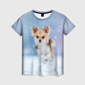 Женская футболка 3D с принтом Чихуахуа в снегу в Белгороде, 100% полиэфир ( синтетическое хлопкоподобное полотно) | прямой крой, круглый вырез горловины, длина до линии бедер | dog | животные | зима | пес | природа | снег | собака | собаки | собакчка | собачки | чихуа хуа | чихуахуа