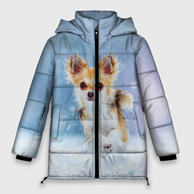 Женская зимняя куртка 3D с принтом Чихуахуа в снегу в Белгороде, верх — 100% полиэстер; подкладка — 100% полиэстер; утеплитель — 100% полиэстер | длина ниже бедра, силуэт Оверсайз. Есть воротник-стойка, отстегивающийся капюшон и ветрозащитная планка. 

Боковые карманы с листочкой на кнопках и внутренний карман на молнии | Тематика изображения на принте: dog | животные | зима | пес | природа | снег | собака | собаки | собакчка | собачки | чихуа хуа | чихуахуа