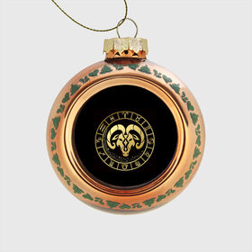 Стеклянный ёлочный шар с принтом Овен в Белгороде, Стекло | Диаметр: 80 мм | знаки зодиака | золотой рисунок | овен | черный фон