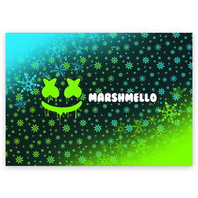 Поздравительная открытка с принтом MARSHMELLO - Зимний в Белгороде, 100% бумага | плотность бумаги 280 г/м2, матовая, на обратной стороне линовка и место для марки
 | face | logo | marsh | marshmallow | marshmello | marshmelo | mello | smile | год | лицо | лого | маршмеллов | маршмеллоу | маршмеллу | маршмело | маршмелов | маршмелоу | маска | музыка | новогодний | новый | рожица | символ | смайл