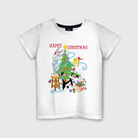 Детская футболка хлопок с принтом Happy Christmas! в Белгороде, 100% хлопок | круглый вырез горловины, полуприлегающий силуэт, длина до линии бедер | bugs | bunny | cat | looney | sylvester | tunes | vdzajul | багз | бани | банни | сильвестр кот | твити