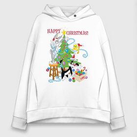 Женское худи Oversize хлопок с принтом Happy Christmas! в Белгороде, френч-терри — 70% хлопок, 30% полиэстер. Мягкий теплый начес внутри —100% хлопок | боковые карманы, эластичные манжеты и нижняя кромка, капюшон на магнитной кнопке | bugs | bunny | cat | looney | sylvester | tunes | vdzajul | багз | бани | банни | сильвестр кот | твити