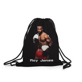 Рюкзак-мешок 3D с принтом Roy Jones в Белгороде, 100% полиэстер | плотность ткани — 200 г/м2, размер — 35 х 45 см; лямки — толстые шнурки, застежка на шнуровке, без карманов и подкладки | Тематика изображения на принте: boxer | boxing | great boxer | roy jones | roy jones lettering | roy jones print | бокс | боксер | великий боксер | надпись roy jones | принт roy jones | рой джонс