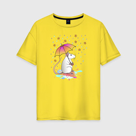 Женская футболка хлопок Oversize с принтом Крыса под зонтиком в Белгороде, 100% хлопок | свободный крой, круглый ворот, спущенный рукав, длина до линии бедер
 | дождь | животное | зонт | крыса | лужи | мультяшное | мышь | осенние листья | осень