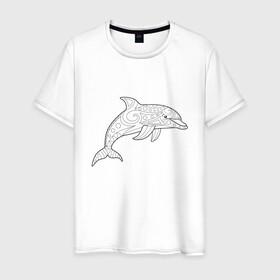 Мужская футболка хлопок с принтом Дельфин линейный с узорами в Белгороде, 100% хлопок | прямой крой, круглый вырез горловины, длина до линии бедер, слегка спущенное плечо. | дельфин | животное | линейный | морское | океанское | узоры | чёрно  белый